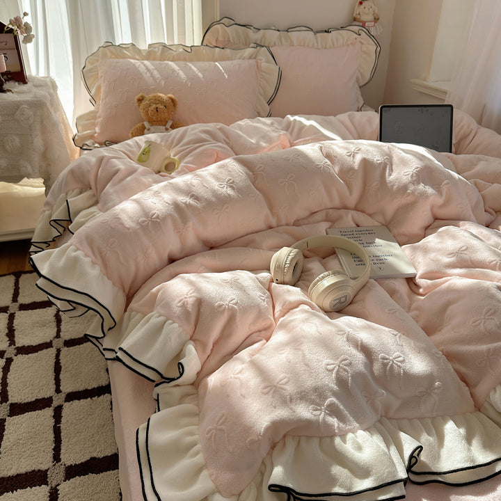 Plush Jacquard Quilted Duvet Comforter with Ruffle Trim and Contrast Piping