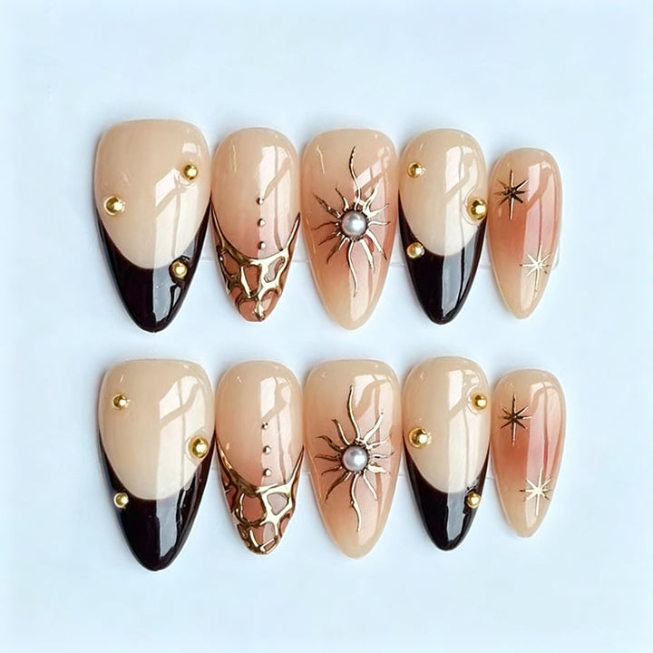 Artistic Stiletto Press-On Nail Art Set with Gold Accents Stornfield
