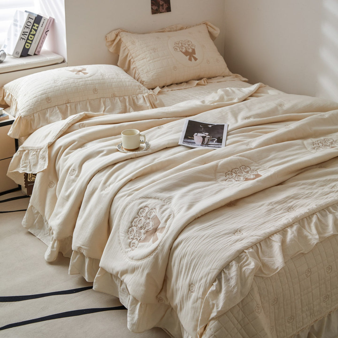 Quilted Floral Embroidered Ruffled Cotton Duvet Cover Set
