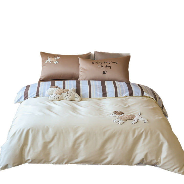 Embroidered Dog Appliqué Cotton Duvet Cover Set with Reversible Striped Panel & Pillowcases