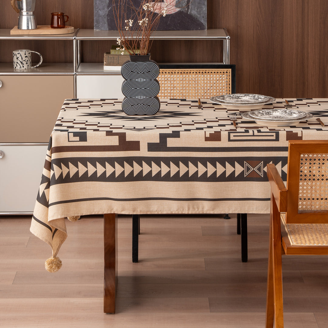 Rectangular tablecloth in linen look with pompom tassels Stornfield