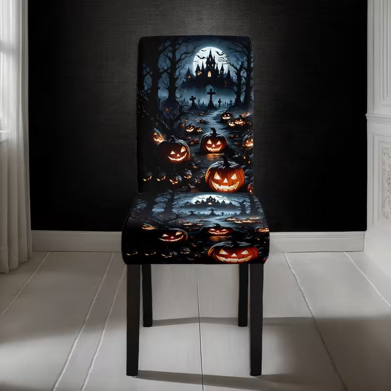 Elastic chair cover with Halloween castle and witch motif, stretchable chair cover for backrest and seat