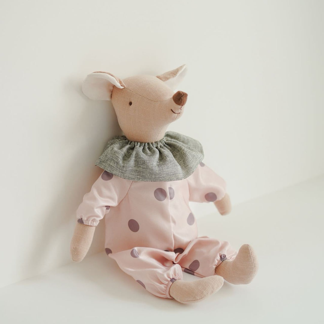 Handmade Linen Plush Mouse Doll with Gingham Overalls