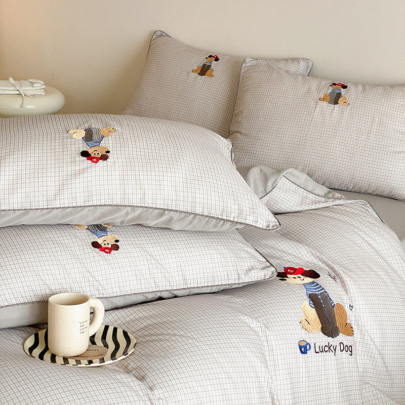 Embroidered Cotton Bedding Duvet Cover Set with Playful Lucky Dog Motif