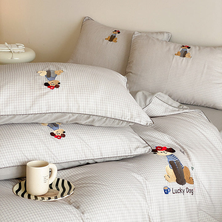 Embroidered Cotton Bedding Duvet Cover Set with Playful Lucky Dog Motif