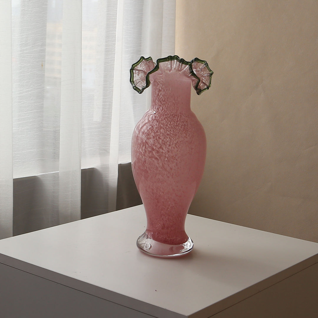 Handblown Ruffled-Edge Tall Pedestal Art Glass Vase Stornfield