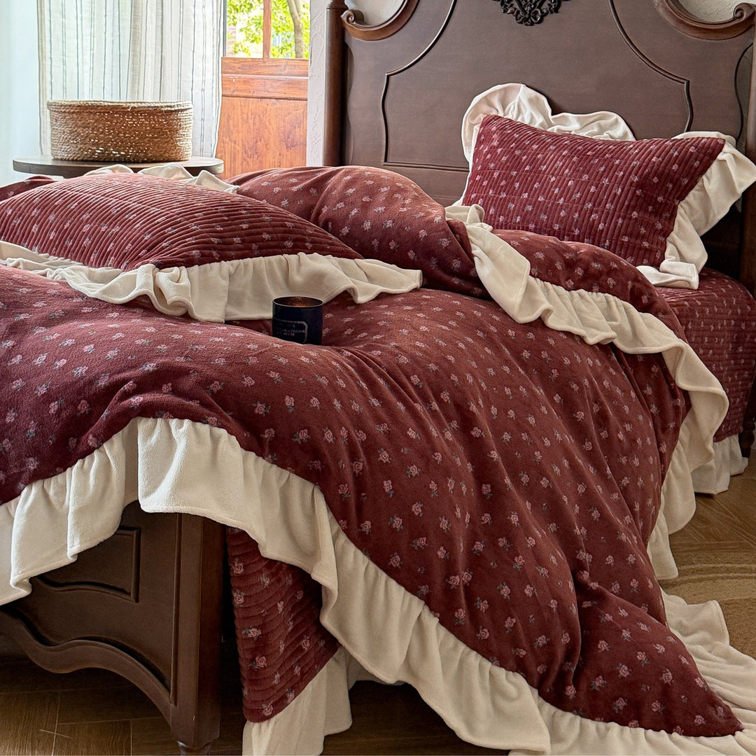 Floral Quilted Ruffled Duvet Cover Set with Gathered Pillow Shams