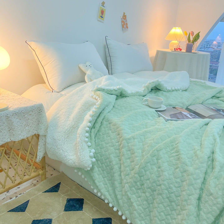 Plush Reversible Sherpa Throw Blanket with Pom-Pom Edge