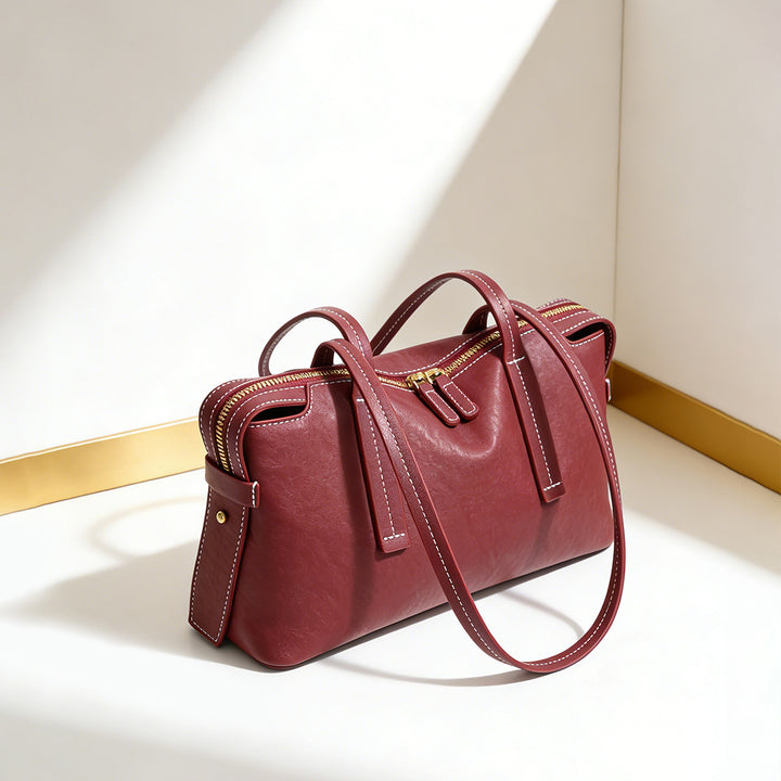 Structured Rectangular Shoulder Tote with Long Double Handles and Top Zip