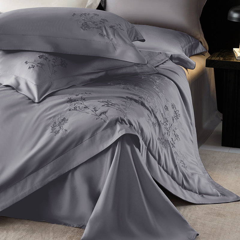 Luxury Cotton Sateen Duvet Cover Bedding Set with Botanical Embroidery