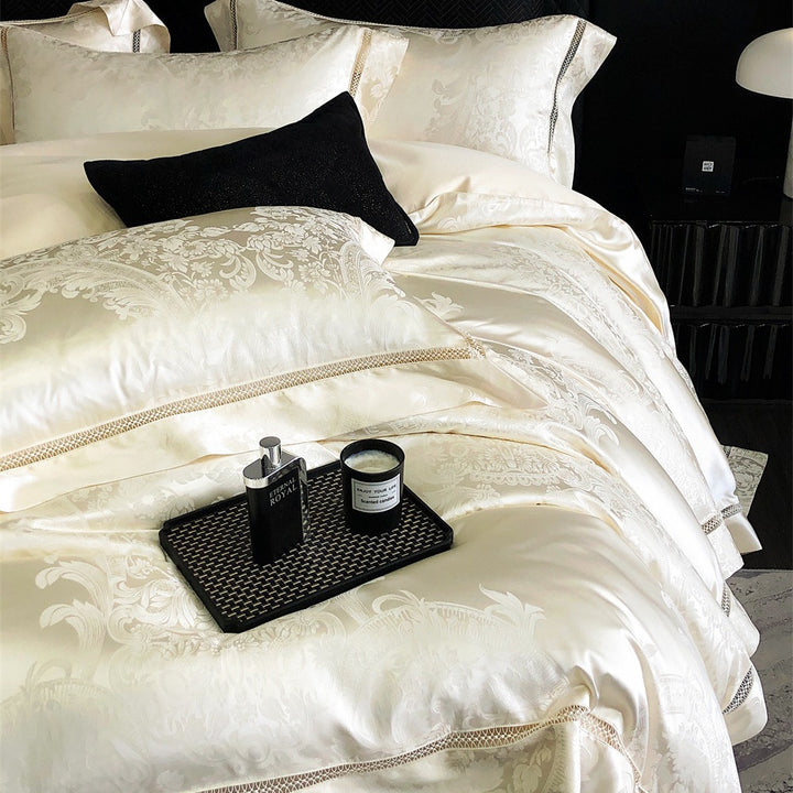 Silk-Feel Jacquard Duvet Cover Bedding Set with Decorative Embroidered Border