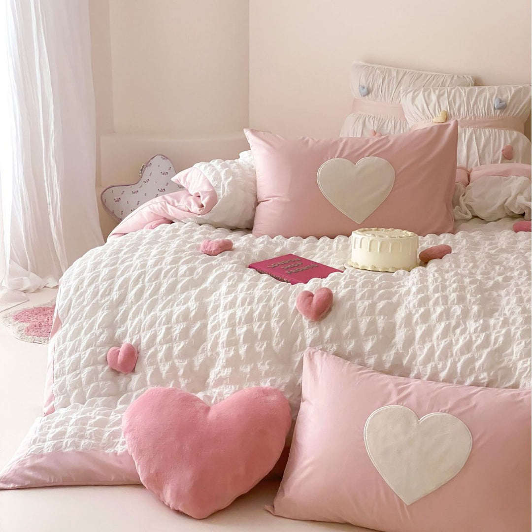 Heart Appliqué Textured Ruffled Duvet Cover Set