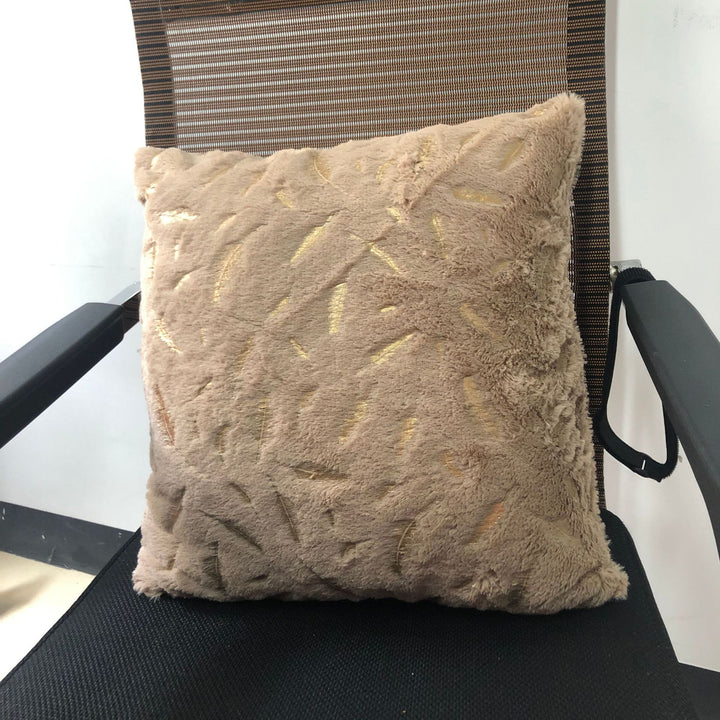 Plush Faux Fur Square Throw Pillow Cover with Metallic Leaf Embroidery