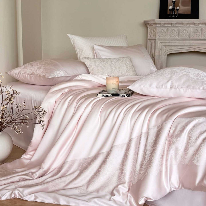 Luxury Jacquard Satin Bedspread and Duvet Cover Ensemble with Lace-Edge Skirt
