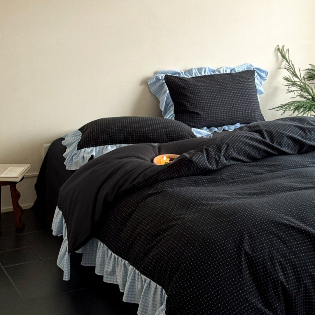 Ruffled Gingham-Trim Cotton Duvet Cover Set