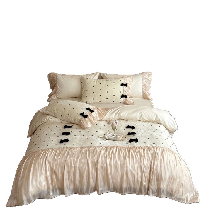 Silky Ruffled Polka Dot Duvet Cover Set with Velvet Bow Accents