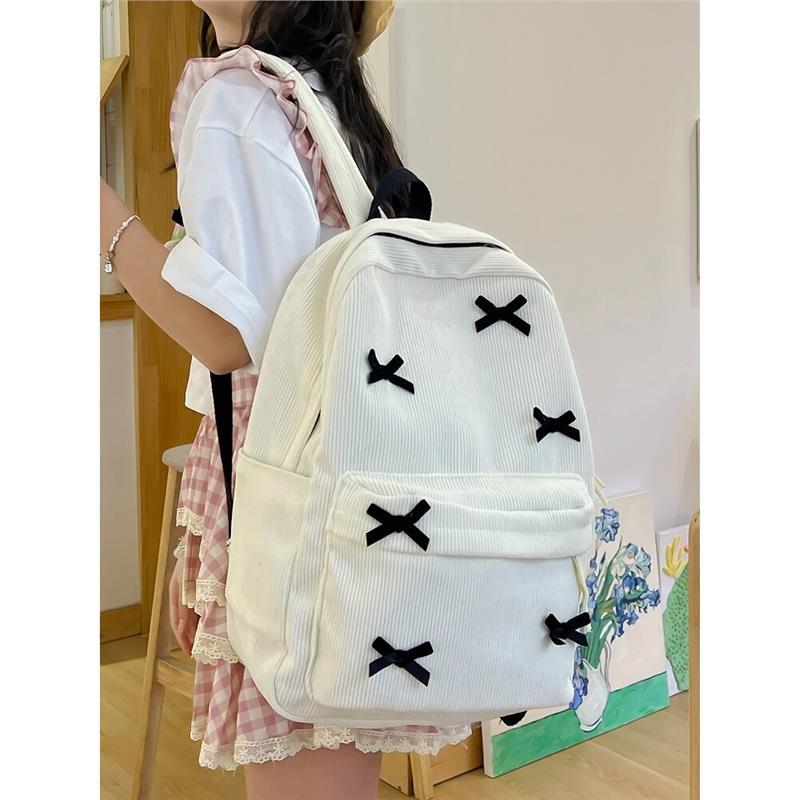 Decorative Bow-Embellished Corduroy Backpack