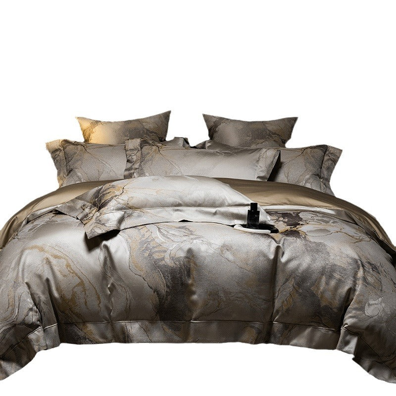 Luxury Marble-Print Satin Duvet Cover Set with Pillow Shams & Hidden Zipper