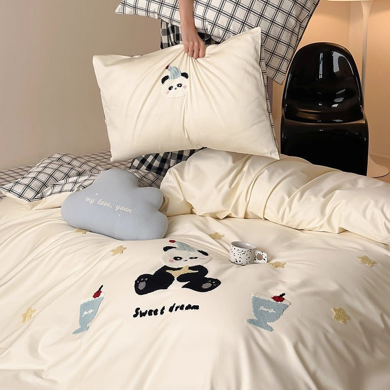 Embroidered Cotton Sateen Duvet Cover Set with Appliqué Bunnies and Polka Dot Pillowcases