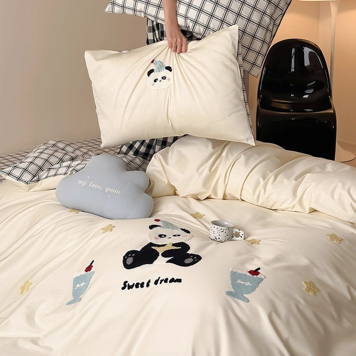 Embroidered Cotton Sateen Duvet Cover Set with Appliqué Bunnies and Polka Dot Pillowcases
