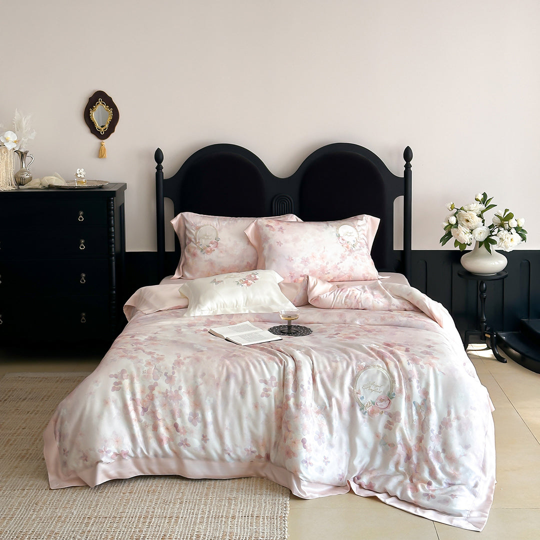 Satin-Feel Floral Bed Linen Set with Watercolor Botanical Print