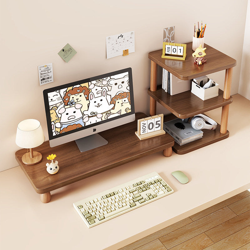 Solid Wood Monitor Riser with Tiered Desk Organizer and Cable Management