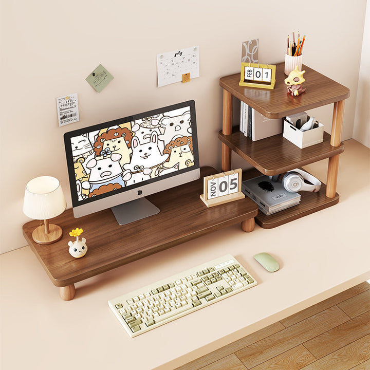 Solid Wood Monitor Riser with Tiered Desk Organizer and Cable Management