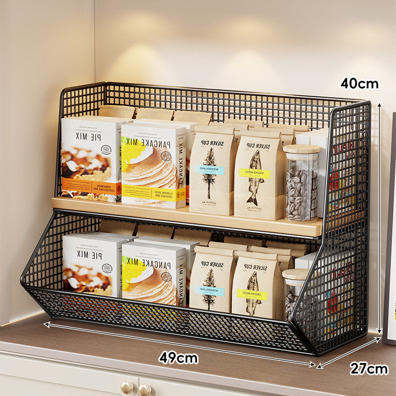 Compact Mesh Countertop Pantry Organizer with Two Wooden Shelves and Deep Front Basket