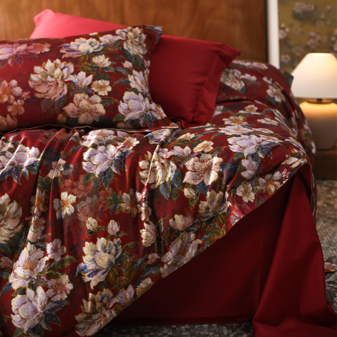Botanical Painterly Floral Cotton-Sateen Duvet Cover Ensemble with Silky Sheen and Hidden Closure