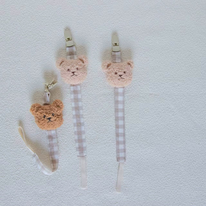 Cotton Gingham Pacifier Clip with Plush Bear Applique and Quick-Release Safety Clip