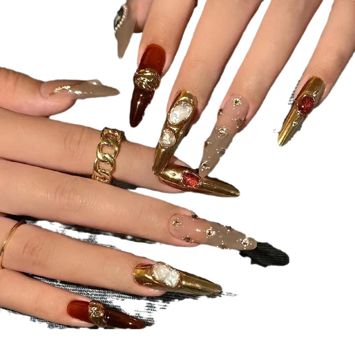 Artistic Press-On Nail Set with Luxury Gemstone Accents Stornfield