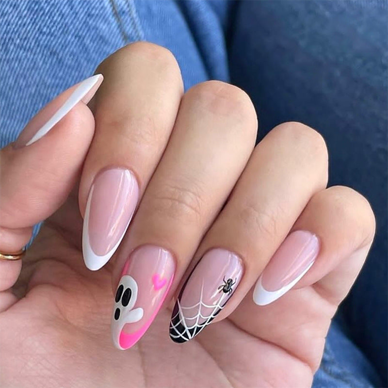 Halloween-Themed Press-On Nail Art Set with Spider and Ghost Designs