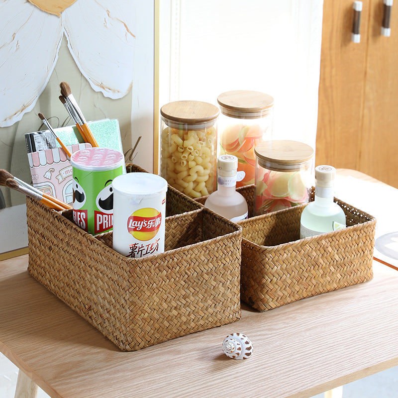 Unisex storage basket with three compartments made of handwoven natural material Stornfield