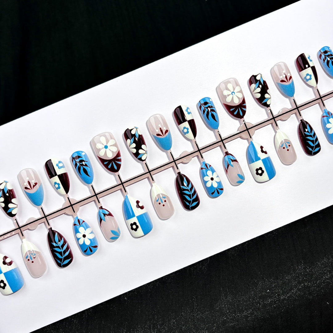 Artistic Press-On Nail Set with Floral and Geometric Designs