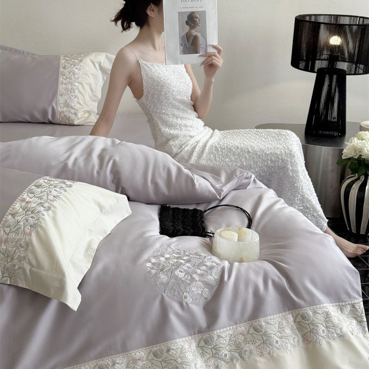 Embroidered Floral Luxury Duvet Cover Set with Lace-Trim Pillow Shams