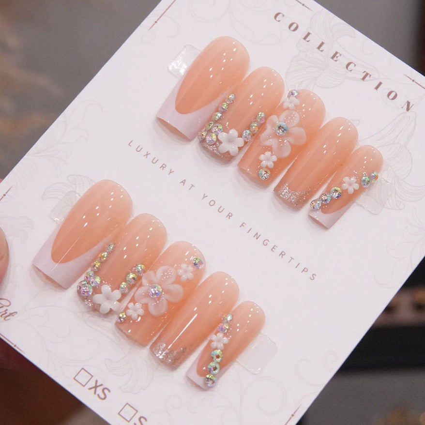Luxury Press-On Nail Art Set with Floral and Gem Accents