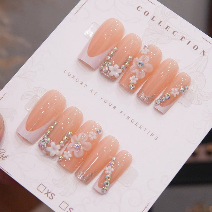 Luxury Press-On Nail Art Set with Floral and Gem Accents