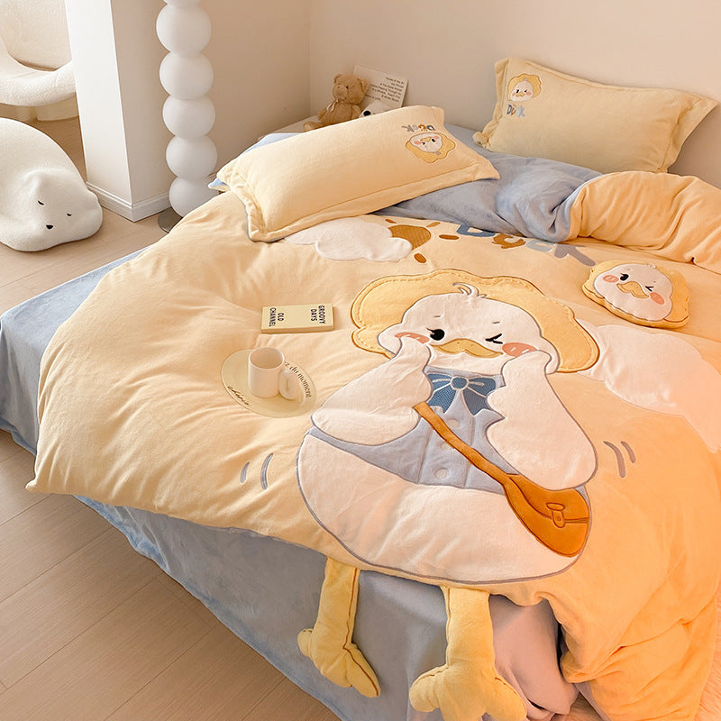 Plush Cartoon Duck Flannel Duvet Cover Bedding Set
