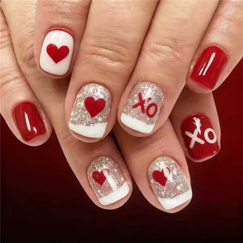 Artificial nail set with romantic heart and glitter motifs Stornfield