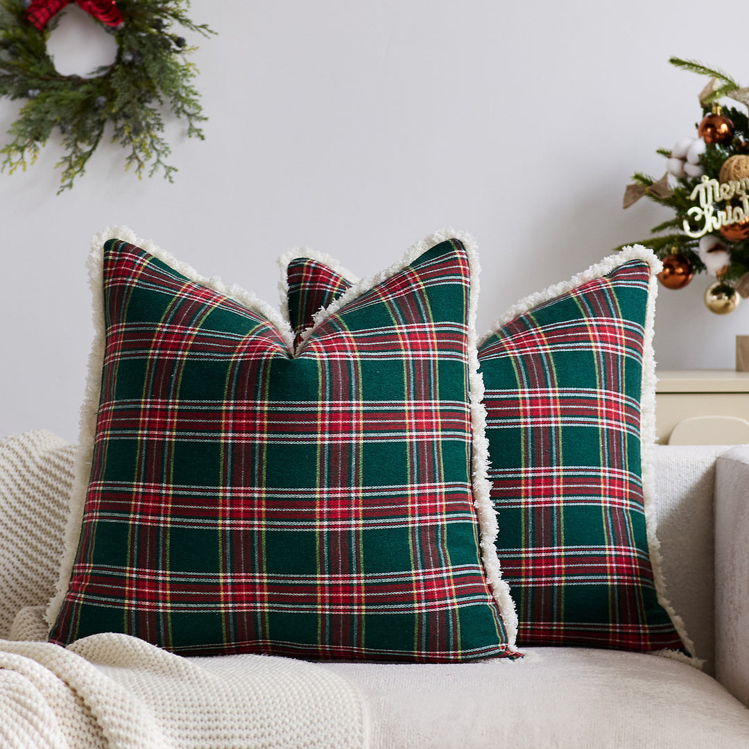 Plaid Sherpa-Trim Square Decorative Throw Pillow Cover