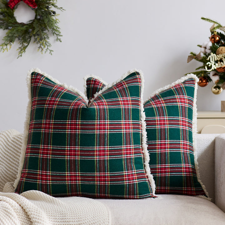 Plaid Sherpa-Trim Square Decorative Throw Pillow Cover