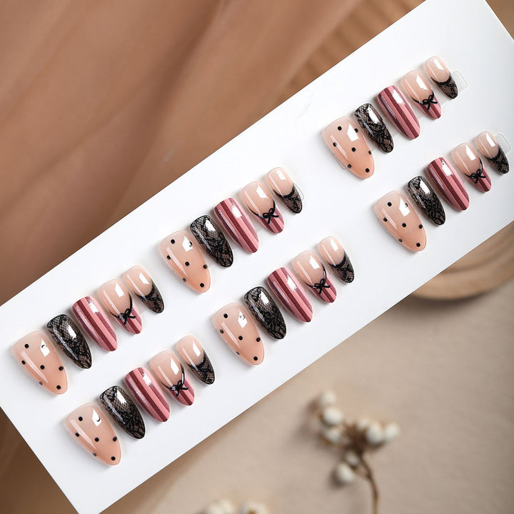 Acrylic nail set with elegant bow and lace accents Stornfield