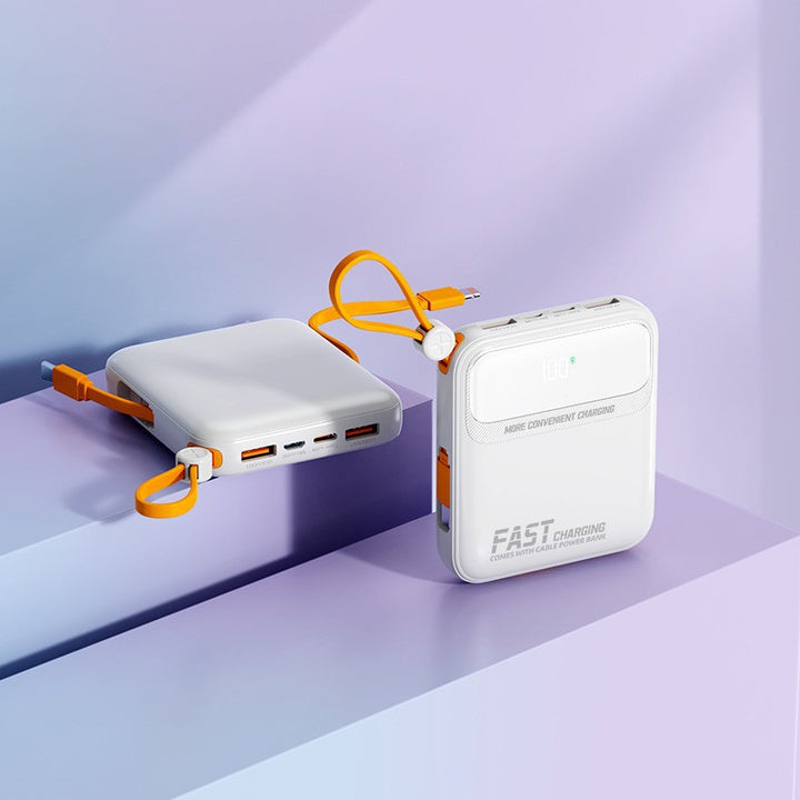 Compact power bank with integrated cable management and digital charge level display Stornfield