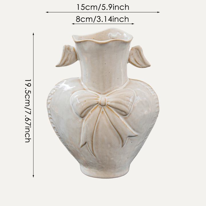 Decorative Heart-Shaped Ceramic Vase with Sculpted Bow and Wavy Neck