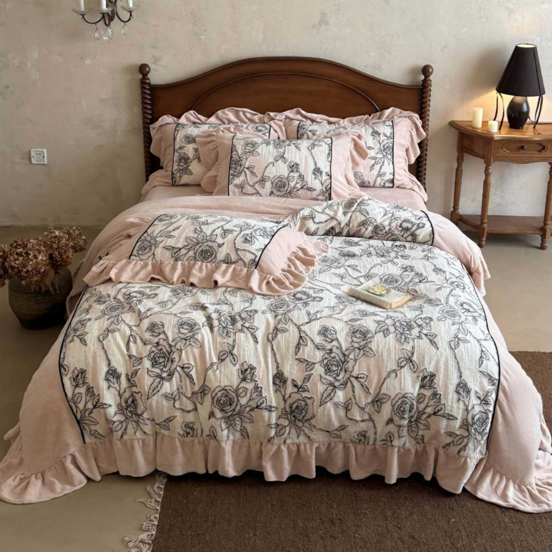 Ruffled Floral Embroidered Cotton Duvet Cover Set