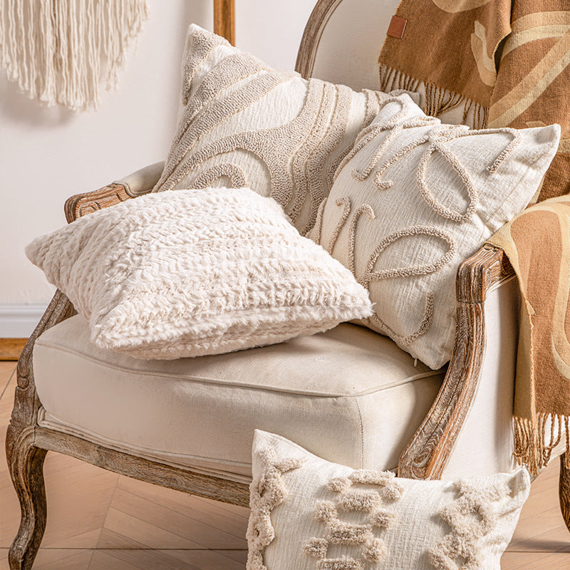 Bohemian Loop-Tufted Lumbar Pillow Cover with Curved Appliqué Texture