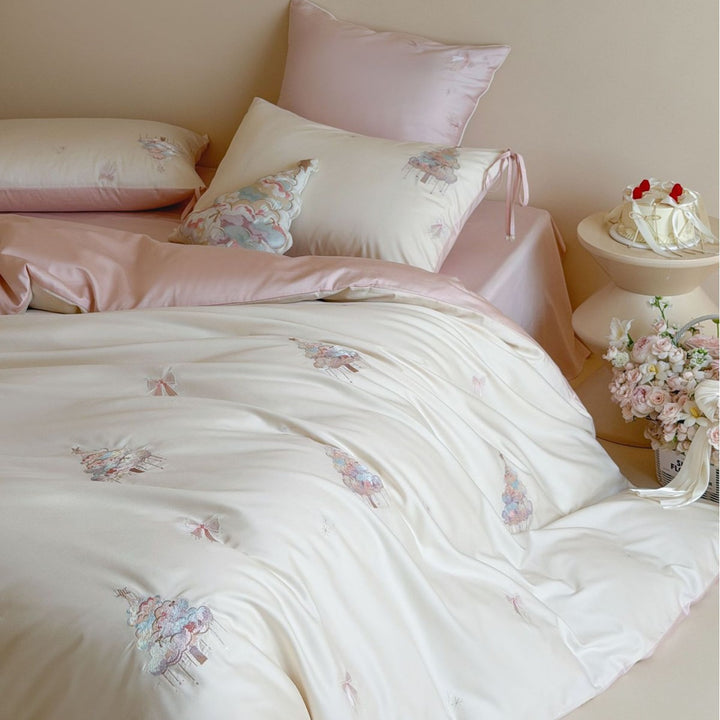 Embroidered Satin Duvet Cover Set with Reversible Sateen and Ribbon-Tie Pillow Shams