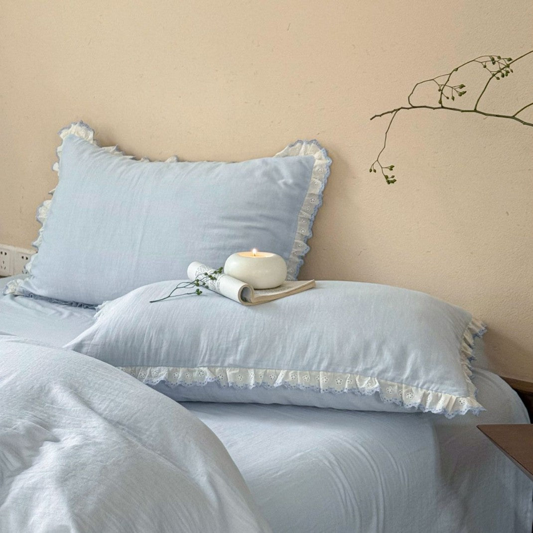 Ruffled Lace-Trim Washed Cotton Duvet Cover Set with Pillow Shams
