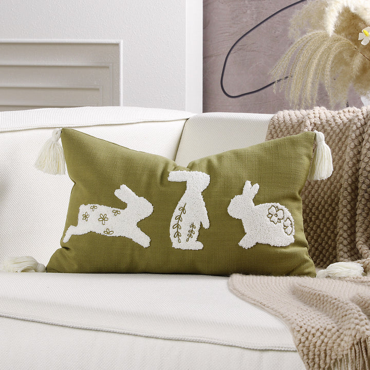 Embroidered Bunny Appliqué Tassel Lumbar Pillow Cover