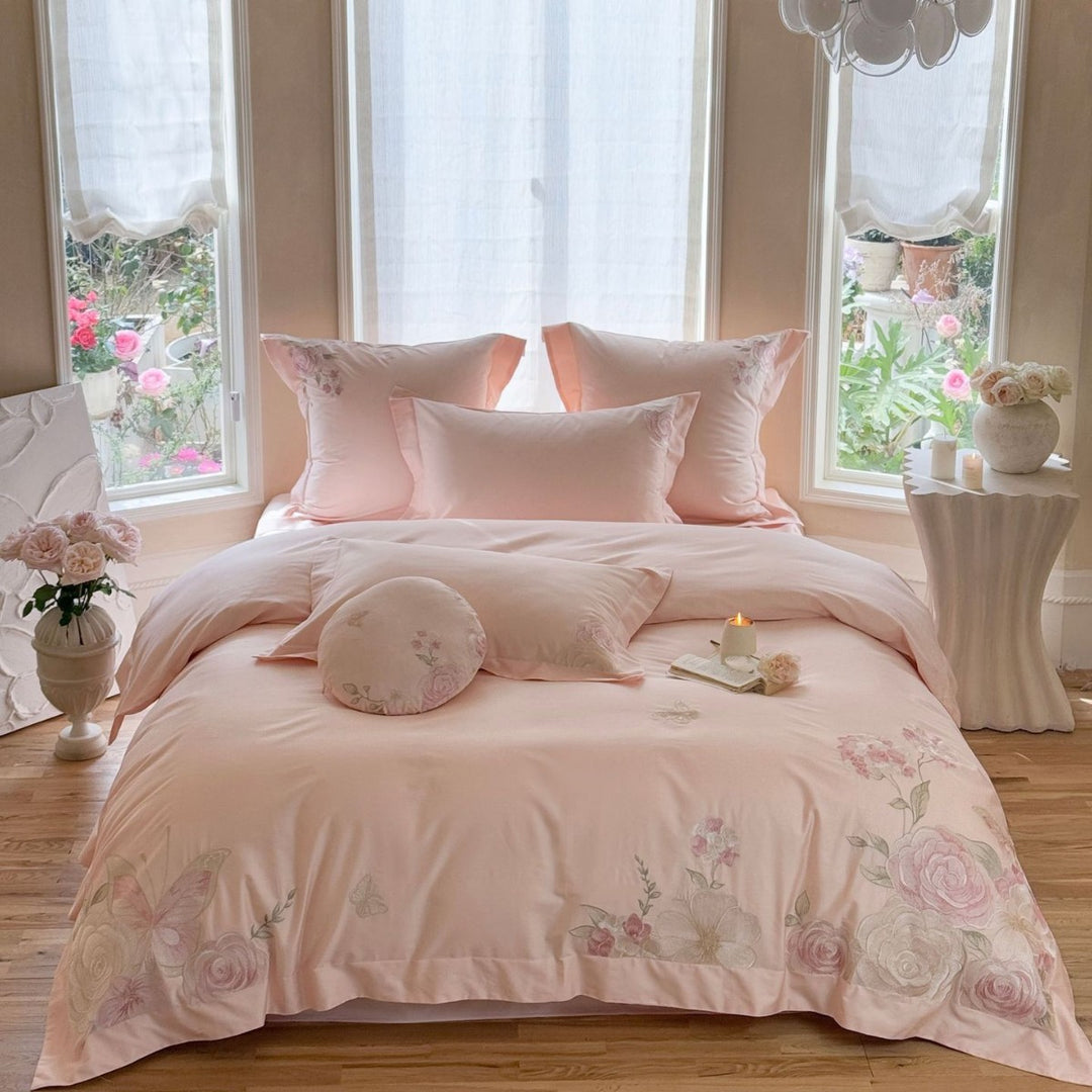 Embroidered Floral Cotton Sateen Duvet Cover Bedding Set with Decorative Shams & Round Throw Pillow